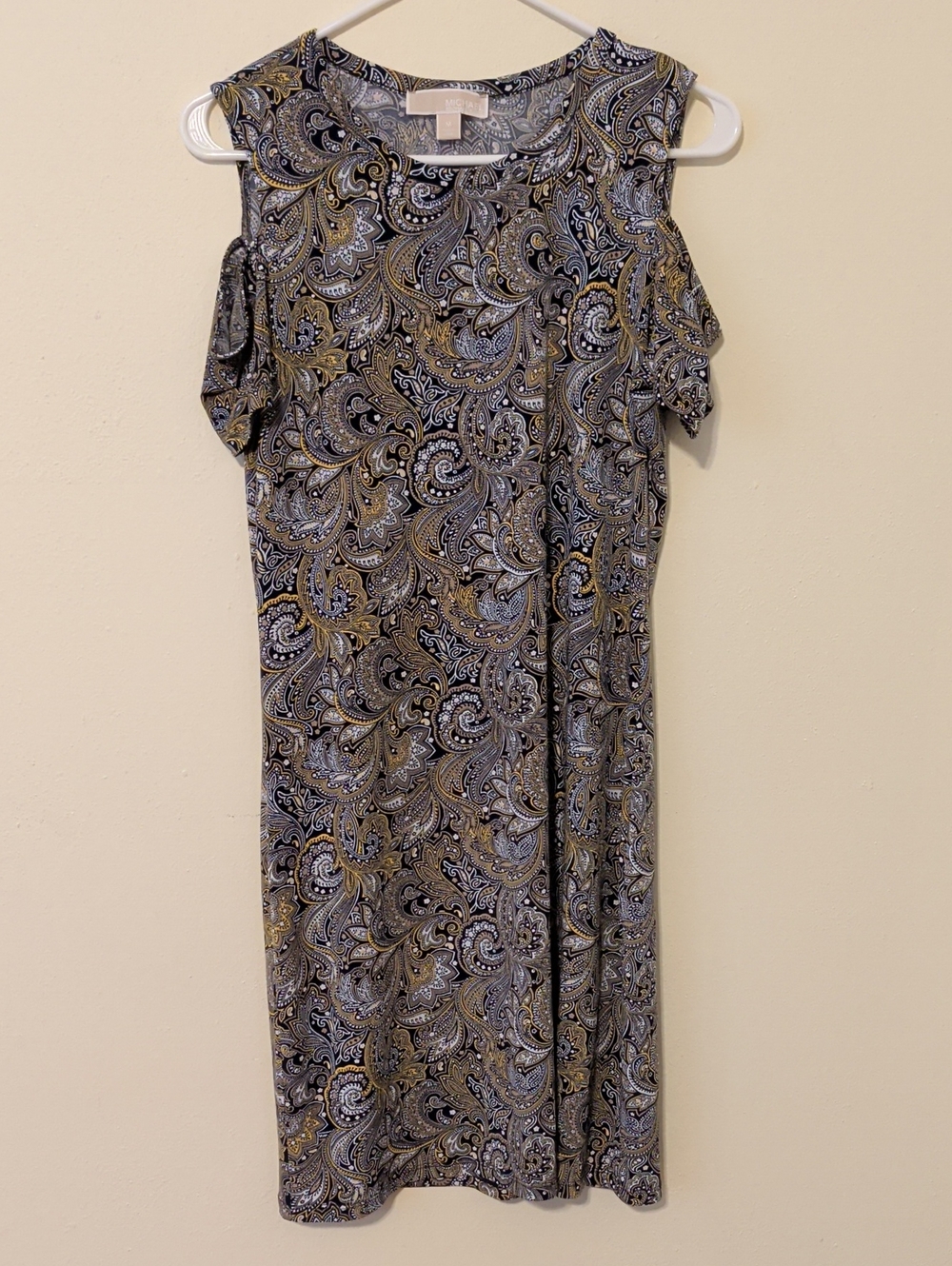 Michael Kors Black and Gold Paisley Cold-Shoulder Midi Dress